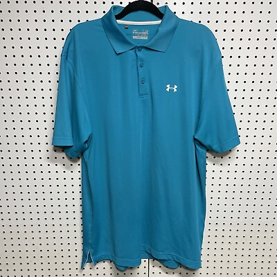 #ad Under Armour Men#x27;s L Golf Polo Short Sleeve Shirt Aqua Loose Fit Heat Gear $12.99