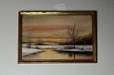 #ad B.B.H. Signed Antique Original Watercolor Sunset Over A River In Winter Painting $125.00