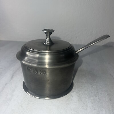 #ad john somers brazil pewter Condiment Sugar Dish With Lid And Spoon Vintage Flaws $20.55