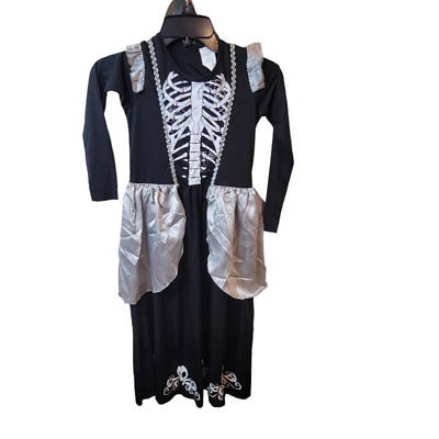 #ad Skeleton Queen Halloween Costumes Girls Size 9 10Y Black Gown Silver White $19.60