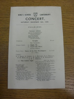 #ad 16 12 1933 Concert Programme: Kings School Orchestra At Kings School Canterbur GBP 3.99