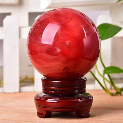 #ad Natural Red Smelting Quartz Gemstone Ball Healing Crystal Sphere With Stand $65.00