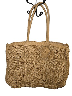 #ad Beige Straw Weave Large Handbag Tote Beach Bag Pompoms Accent Boho *See Descript $21.00