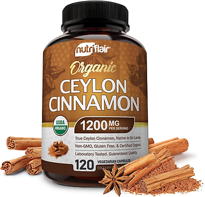 #ad NutriFlair Organic Ceylon Cinnamon 100% Certified 1200mg per Serving 120 Cap $32.95