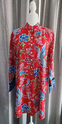 #ad Vtg Chicos Design Size 1 100% Silk Red Asian Print Duster Pearl Buttons $30.00