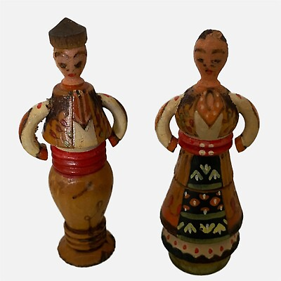 #ad Bulgarian Perfume Holder Figurine Set Wood Hand Paint Ethnic Dress 3.5 Inch Vtg $19.00