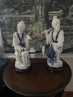 #ad Large Chinese Fisherman Couple Blue White Porcelain Figurine Statues 16” $74.99