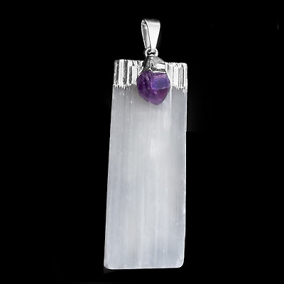 #ad Amethyst Selenite Crystal Chakra Stone Pendant Sterling Silver Necklace CHARGED $13.98