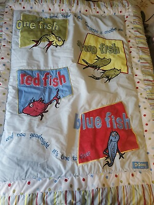 #ad Dr Seuss Crib Quilt Nursery Bedding One Fish Two Fish Red Fish Blue Fish $24.99