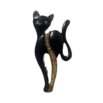 #ad Kitty Cat Brooch Pin Matte Black Gold Tone amp; Rhinestone Leg Halloween Pin $14.95