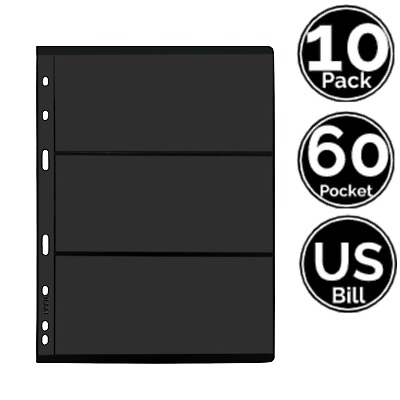 #ad 10 Page 60 Pocket STURDY Black Sleeve Sheets 9 Hole 4 Currency Paper Money Bill $12.95