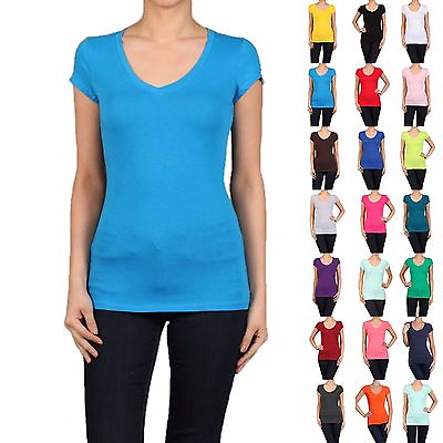 #ad Basic V NECK Short Sleeve Women Juniors Solid Top Cotton T Shirt S XL $9.99