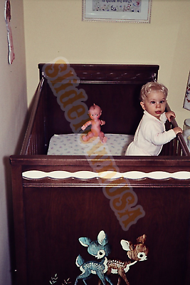 #ad Vtg 1964 Photo Slide Child in Crib with Cupie Doll X3S099 $7.50
