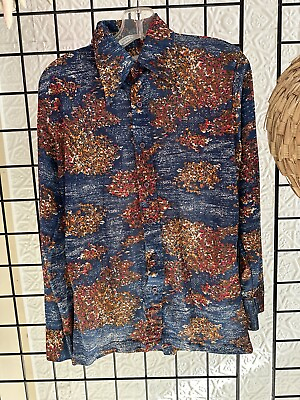 #ad Vintage Men’s 1970s Print Nylon Shirt disco Butterfly Collar funky blue medium $40.00