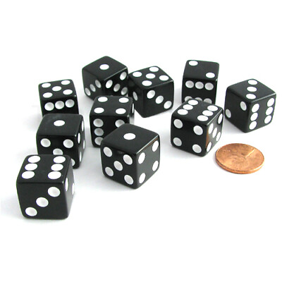 #ad Set of 10 Six Sided Square Opaque 16mm D6 Dice Black with White Pip Die $7.75