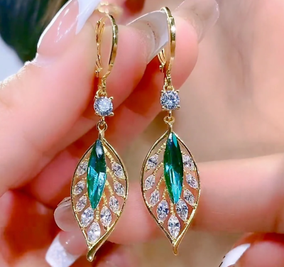 #ad Women 18K Gold Plated Leaf Clear Green CZ Dangle LeverBack Hoop Drop Earrings AG $10.95