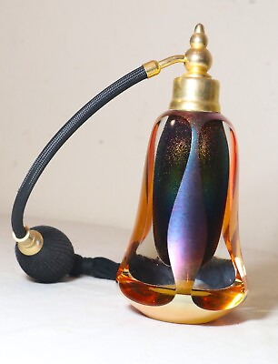 #ad signed hand blown studio iridescent art glass brass perfume bottle atomizer jar $193.49