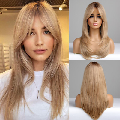 #ad US Long Straight Ombré Light Blonde Synthetic Wigs with Bangs Hair 23 Inch Wigs $20.99