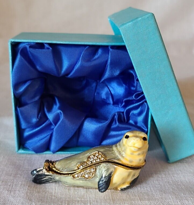 #ad NIB Seal trinket box jewelry w gold tone crystals new in box multi color w box $31.99