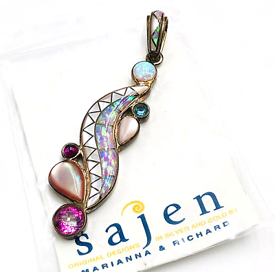 #ad SAJEN Inaly Opal Mother Pearl Pink Blue Gemstone Sterling Silver 3 Inch Pendant $179.99