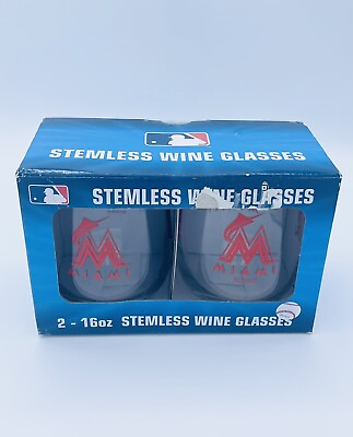 #ad MLB Miami Marlins 2 16oz Stemless Wine Glasses Orange Team Logo Set $19.95