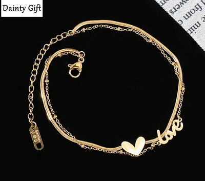 #ad Women Girl Titanium Stainless Steel Heart Love Double chain Anklet Bracelet 8 10 $15.50