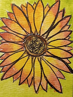 #ad ACEO Original Watercolor And Ink Painting Big Flower Sunflower In Floral Yellow $6.97