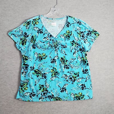 #ad St John#x27;s Bay Women Top 2X Blue Floral Shirt Short Sleeve V Neck Tee $9.88