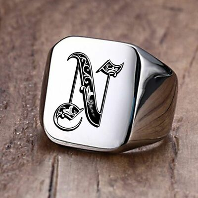 #ad Ring Men Initial Stainless Steel Hip Hop Rings Silver Color Initial Engrave A Z $31.99