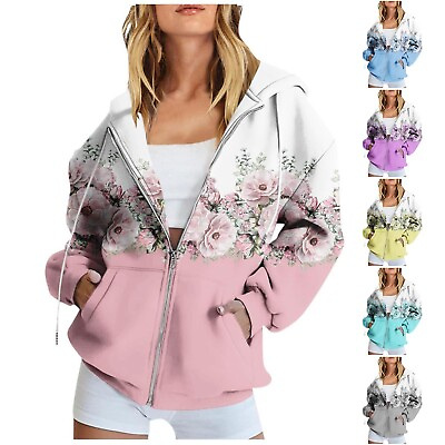 #ad Womens Zip Up Hoodies Long Sleeve Sweatshirts Floral Oversized Sweaters Casual $26.97