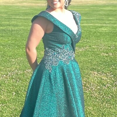 #ad PROM BEAUTY PAGEANT EMBELLISHED GREEN METALLIC LONG DRESS $300.00