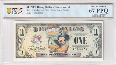 #ad 2009 $1 Disney Dollar Mickey amp; Pluto Castle Clouds PCGS SUPERB GEM UNC 67 PPQ ** $175.00
