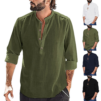 #ad Men#x27;s Linen Henley Shirt Long Sleeve Tees Tops Casual Comfortable Beach T Shirts $13.95