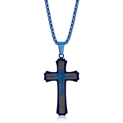 #ad Stainless Steel Black amp; Blue 3D Cross Box Link Chain Necklace 24quot; $81.99