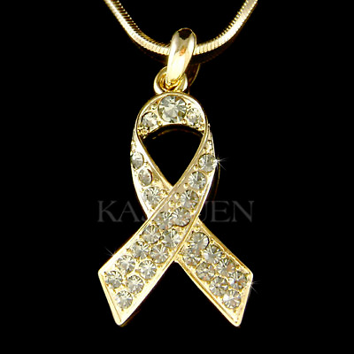 #ad Brain Cancer Tumor made with Swarovski Crystal Awareness Ribbon Gold T Necklace $43.00