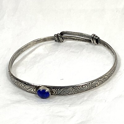#ad Handcrafted Sterling Silver 925 Bangle Bracelet Blue Lapis Expandable Etched $49.95