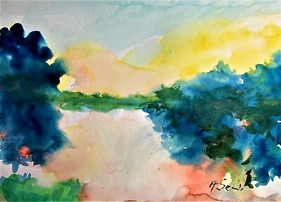 #ad Landscape Sunset Watercolor PAINTING Impressionism 11x15 $24.75