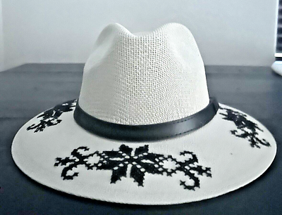 #ad Cross Stitch Women#x27;s Fedora Embroidered by Hand Beige with Black Stiches $84.95