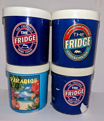#ad Vtg THE FRIDGE x4 Freezable Can Cooler Freezer Drink Koozie Lot Soda Beer Lifoam $73.63