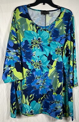 #ad Slinky Brand Women#x27;s Shirt Plus Size 1X Blue Floral Stretch Scoop Neck Tunic $15.99