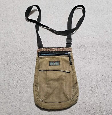 #ad KAVU Canvas Crossbody Shoulder Bag Contrast Ribbon Detail Pockets Golden Tan $15.95