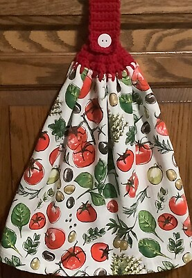 #ad Double hanging kitchen towel cook tomatoe olive crocheted red top $12.00