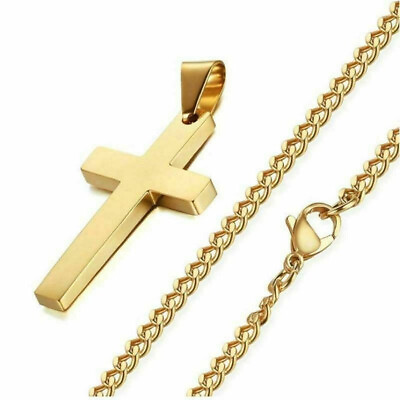 #ad Mens Stainless Steel Gold Plated Cross Plain Pendant 24quot; Cuban Necklace Chain $3.99