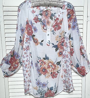 #ad NEW Plus Size 1X White Blouse Orange Floral Purple Button Shirt $29.95