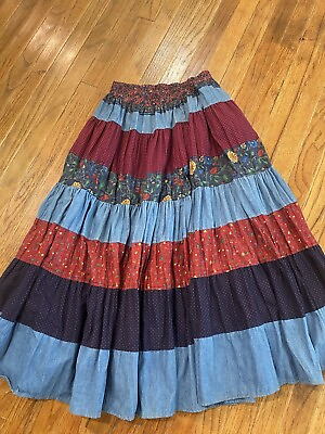 #ad Vintage Tiered Prairie Skirt Denim Mixed Media Broomstick Sz M Boho Festival $28.99