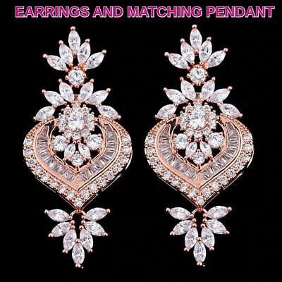#ad ROSE GOLD BRIDAL Crystal EARRINGS PENDANT Jewelry Set 2 Pc. Velvet Pouch $32.00