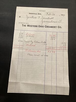 #ad 1914 The Western Ohio Creamery Co Jenkins amp; Turnbull Invoice $9.99