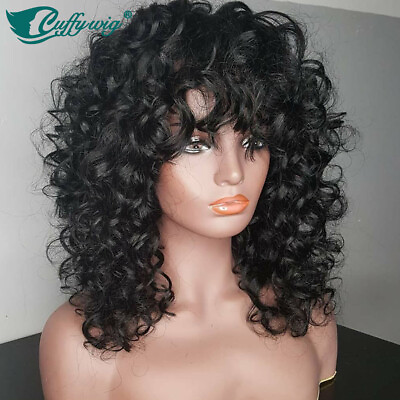 #ad Spiral Curls Human Hair Wigs With Bangs Curly Scalp Top Full Made Machine Wigs $172.99
