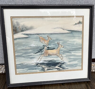 #ad Vintage Framed Matted Original Watercolor Winter Scene Deer On Water Signed $63.00