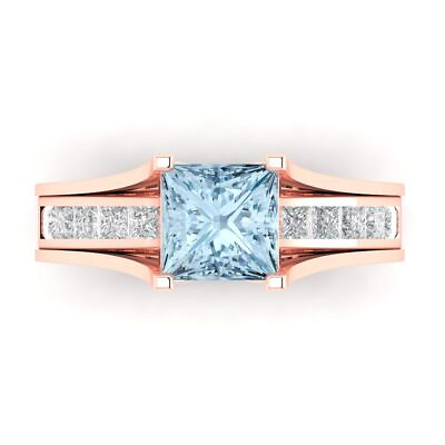 #ad 3.4ct Princess Cut Aquamarine Stone 18k Pink Gold Wedding Bridal Ring Band Set $796.09